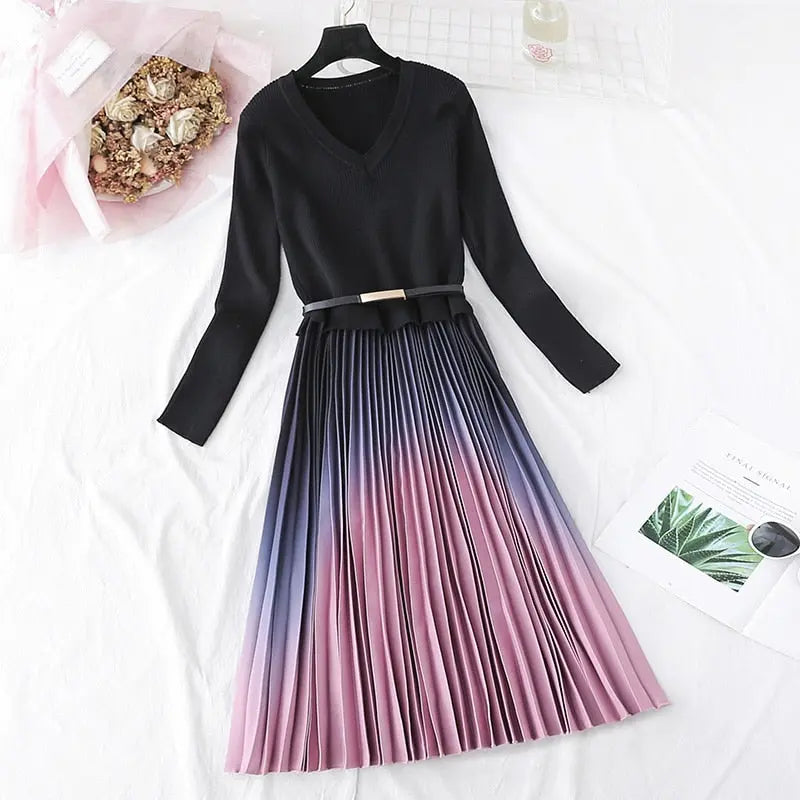 Knitted Patchwork Gradient Print Pleated Dress Long Sleeve Office One-Piece Sweater Dress With Belt nowadaysfashion