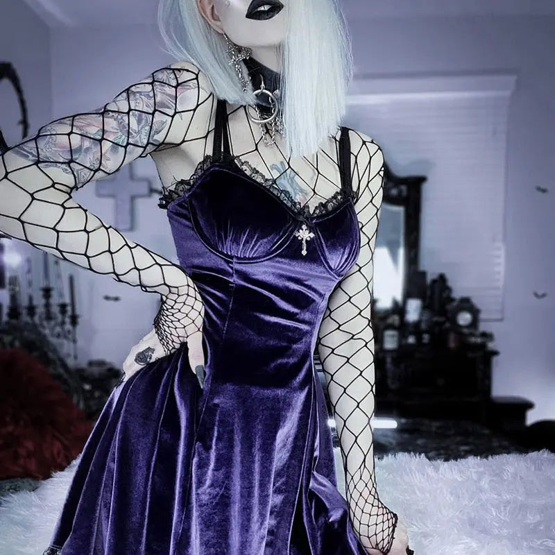 Goth Cross Sexy Purple Dress Vintage Velvet A Line Lolita Dress Aesthetic Gothic nowadaysfashion