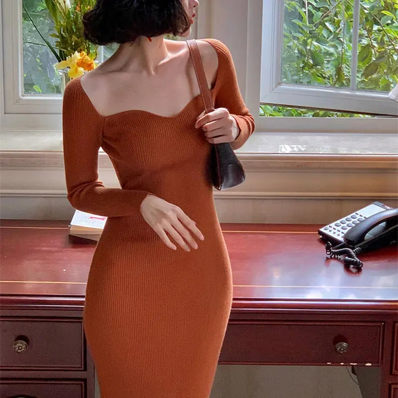 Strapless Ribbed Knitted Bodycon Dress Women Winter Long Sleeve Midi Sweater Dress nowadaysfashion