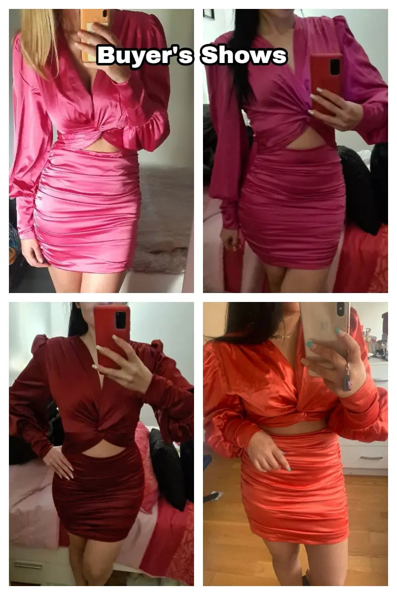 deep v neck bodycon dress Party club hollow out mini dress Elegant lantern sleeve satin dress nowadaysfashion