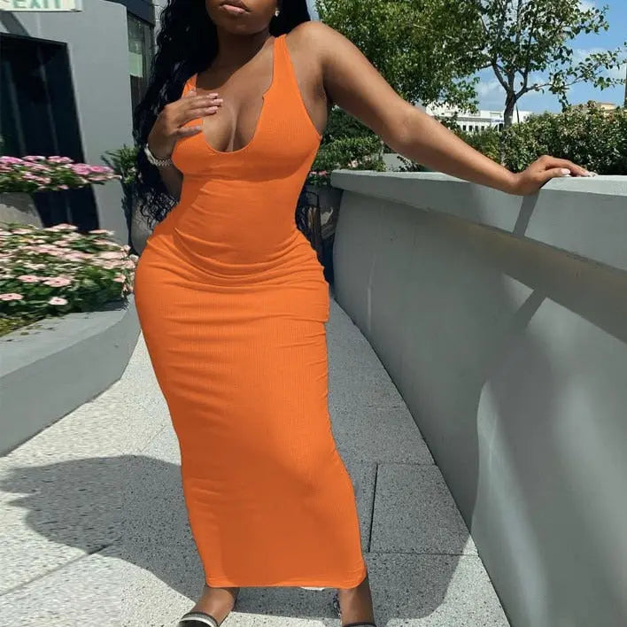 Ribbed Knitted Stripe Women Pure Sleeveless Midi Dress V Neck Bodycon Elegant 2022 Summer nowadaysfashion