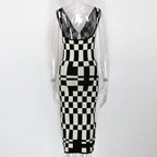 Knitted Sexy Bodycon Summer Women Dresses Backless Plaid Print Spaghetti Strap Hollow Out Vestidos nowadaysfashion
