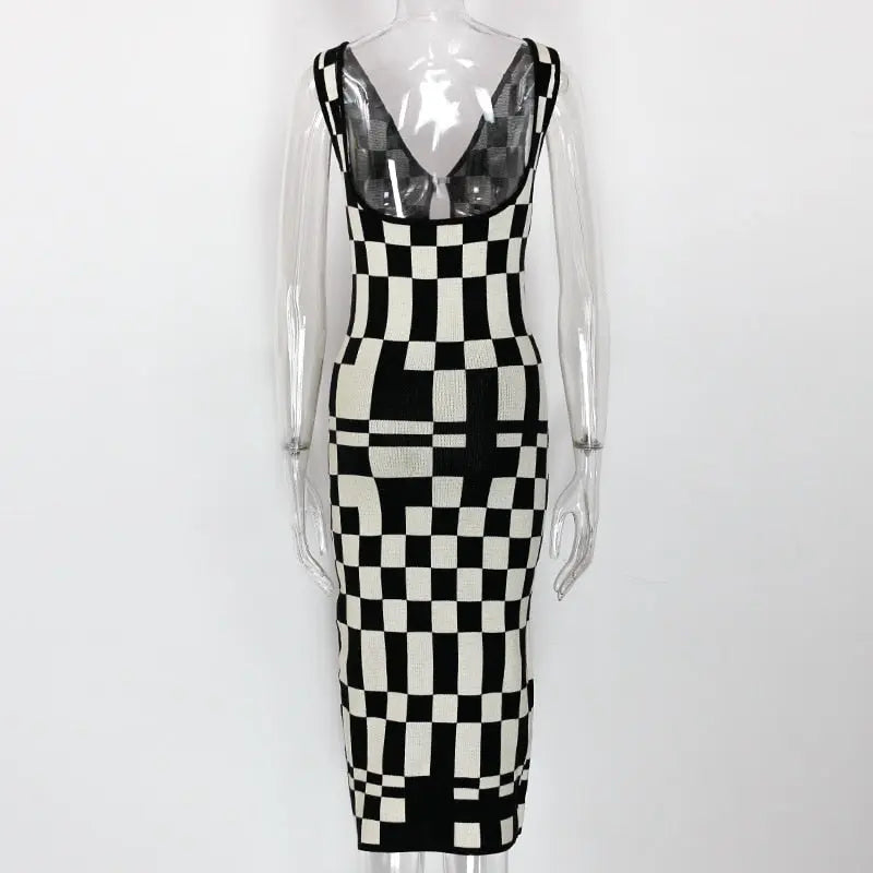 Knitted Sexy Bodycon Summer Women Dresses Backless Plaid Print Spaghetti Strap Hollow Out Vestidos nowadaysfashion