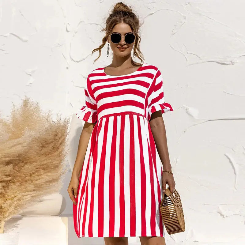 Spring Summer Dress Cute Loose Striped Print Ruffles Sleeves Dresses Elegant A Line Patchwork Beach Dress Vestidos nowadaysfashion