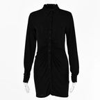 Autumn Ruched Long Sleeve Bodycon Dress Women Turn-Down Collar Sexy Mini Dress Vestidos 2022 nowadaysfashion