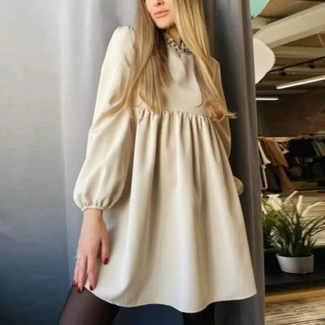 O-Neck Folds Lantern Sleeve Casual Dresses Autumn Solid Color A-Line Loose Comfort High Waist Dress nowadaysfashion