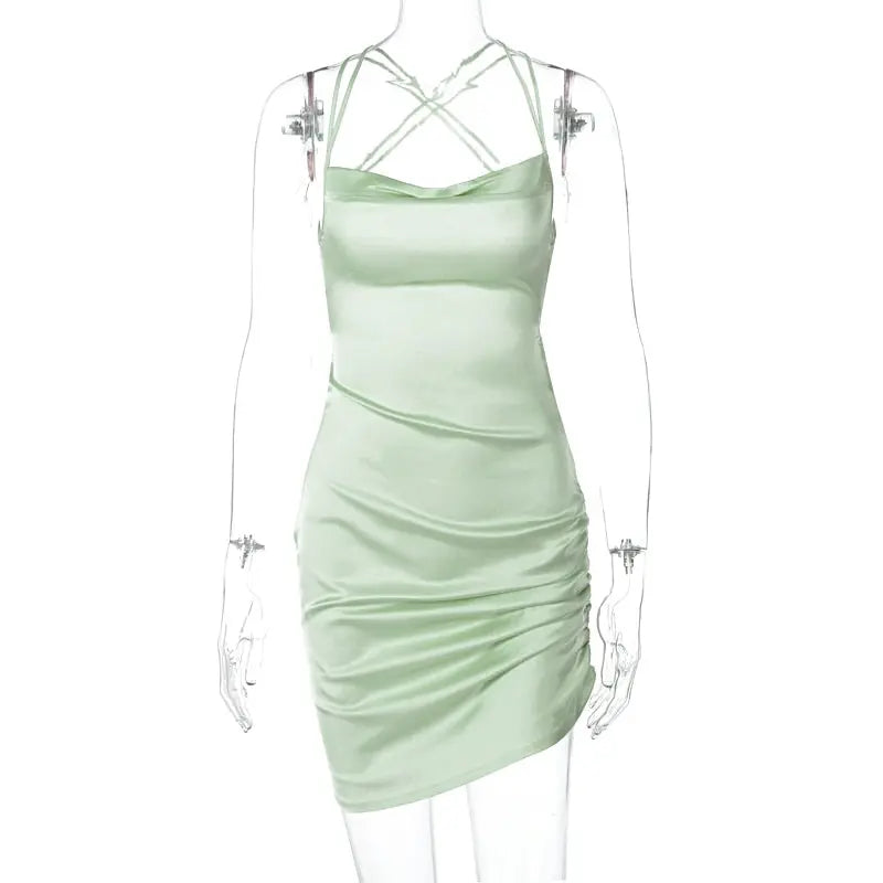 Satin Women Strap Mini Dress Ruched Lace Up Cross Bandage Backless Bodycon Sexy Party Elegant nowadaysfashion