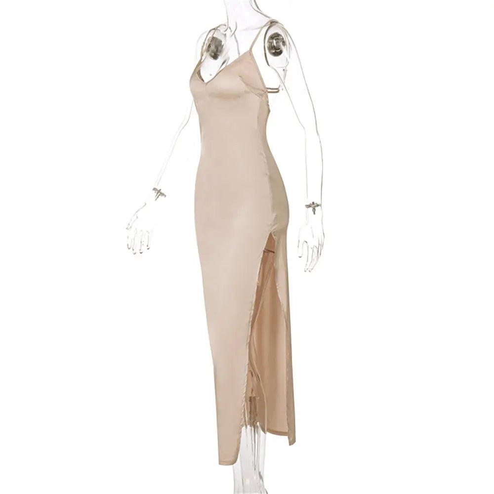 Spring Summer Women Satin Silky Spaghetti Strap Split Long Dress Elegant Sleeveless Backless Sexy Vestito nowadaysfashion