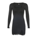Square Neck Lace Patchwork Bodycon Black Dress Women Cotton Side Split Autumn Dress nowadaysfashion