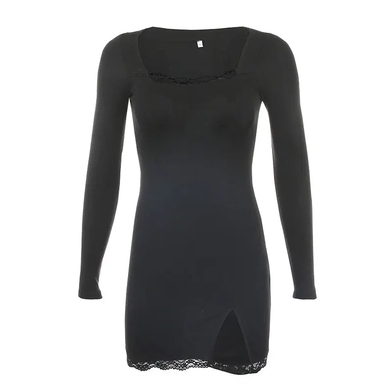 Square Neck Lace Patchwork Bodycon Black Dress Women Cotton Side Split Autumn Dress nowadaysfashion