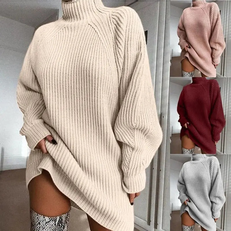 Women Turtleneck Oversized Knitted Dress Solid Long Sleeve Casual Elegant Mini Sweater Dress Plus Size nowadaysfashion