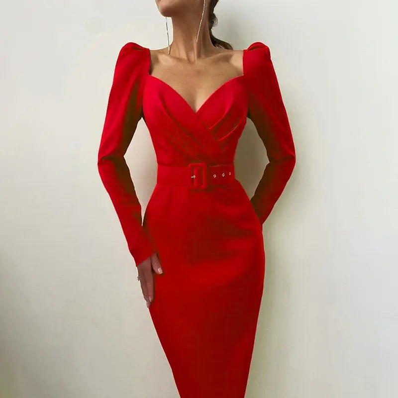 Slim V Neck Long Sleeve Mid Calf Pencil Dress 2022 Casual Office Lady Solid Red Puff Sleeve nowadaysfashion