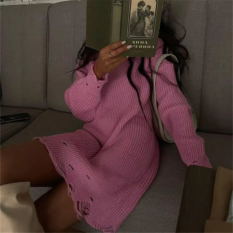 O Neck Oversized Mini Knitted Women Sweater Loose Dresses Autumn Winter Long Sleeve nowadaysfashion