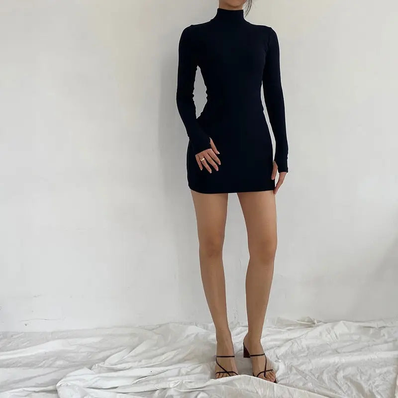 Spring Autumn Fashion Turtleneck Skinny Mini Dress Women Rib Knit Keep Warm Long Sleeve Dress nowadaysfashion