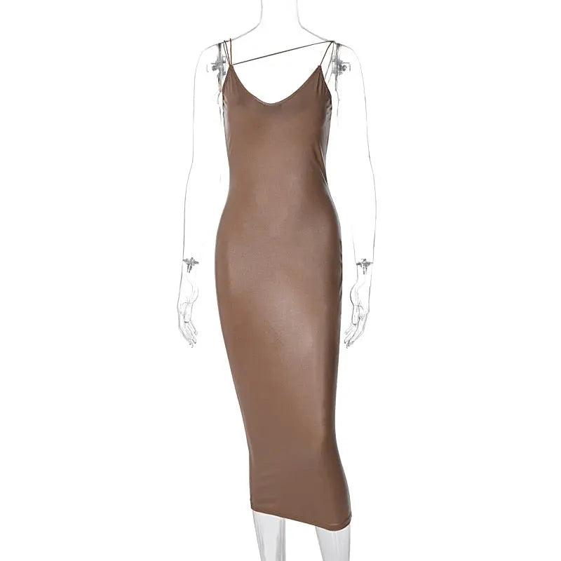 Pu Faux Leather Women Slit Midi Dress Strap V Neck Backless Bodycon Sexy Streetwear nowadaysfashion