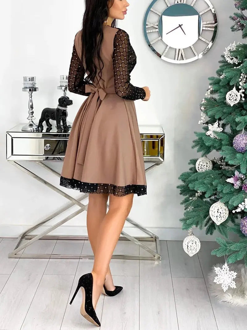 Shiny Sequin Diamond Mesh Stitching Dress Women Spring Autumn Sheer Long Sleeve Belted Slim A Line Dresses nowadaysfashion