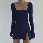 Square Neck Ribbed Black Dress Female Knitted Side Split Bodycon Dress Long Sleeve Mini Dresses nowadaysfashion