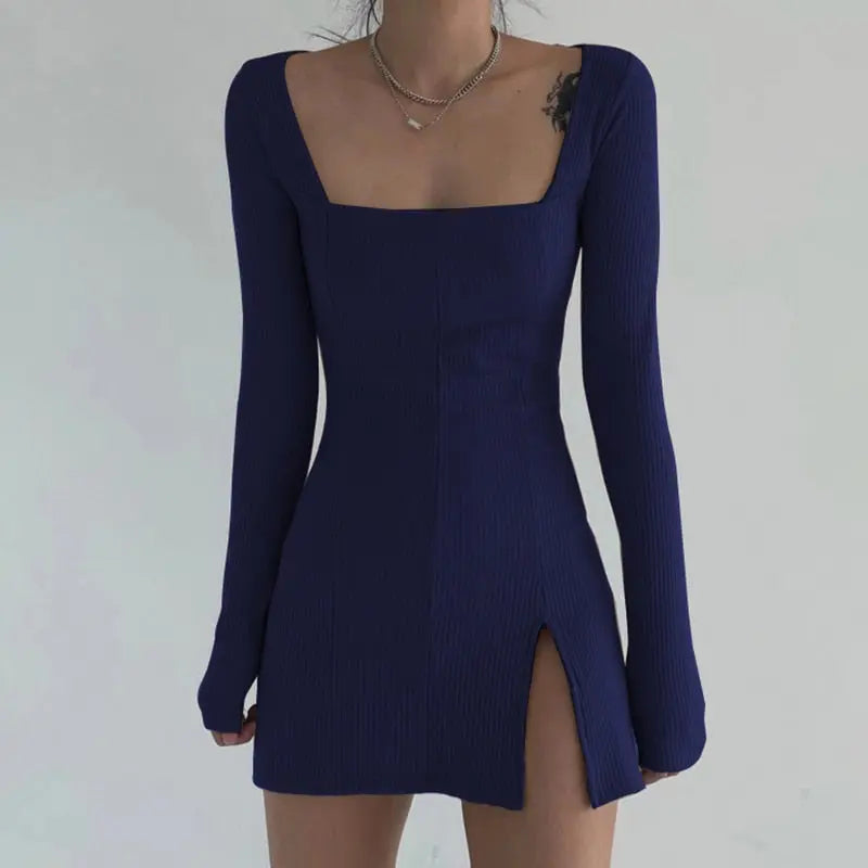 Square Neck Ribbed Black Dress Female Knitted Side Split Bodycon Dress Long Sleeve Mini Dresses nowadaysfashion