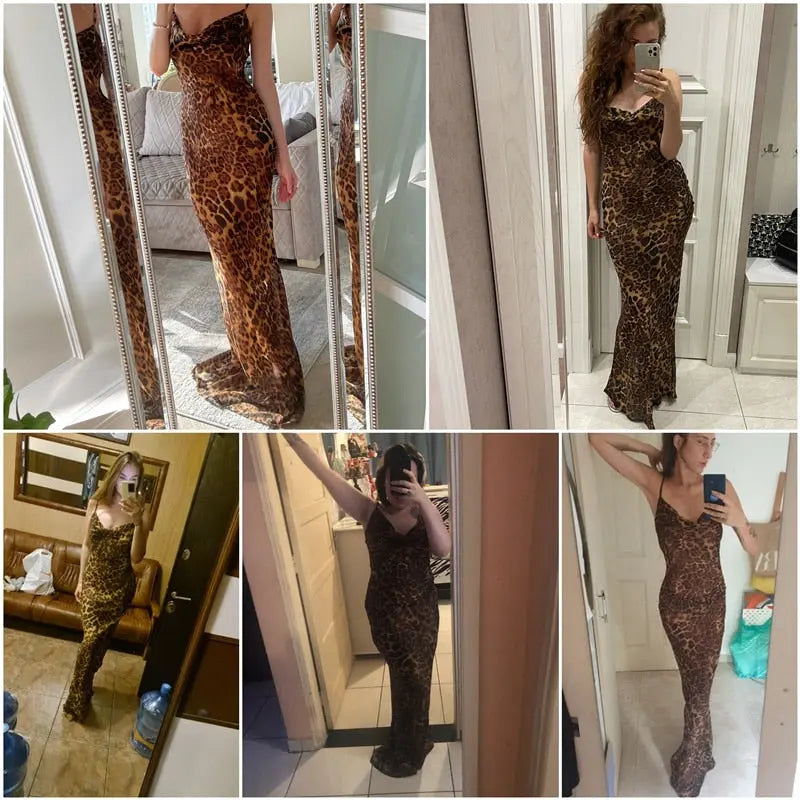 Leopard Print V-Neck Sexy Bodycon Long Dress Women Lace Up Backless Straps Beach Vestidos nowadaysfashion