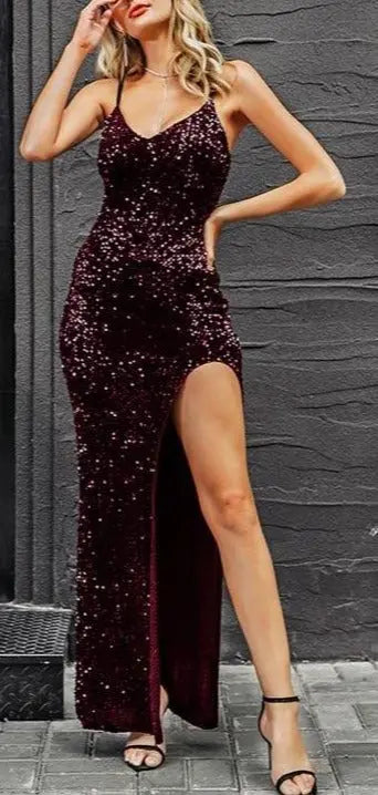 Sexy v-neck sequined long dress women summer black Spaghetti strap split dresses vestido female nowadaysfashion