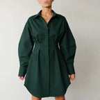 Autumn Winter Bodycon Dress Women Long Sleeve Khaki Pleated Shirt Midi Dresss nowadaysfashion