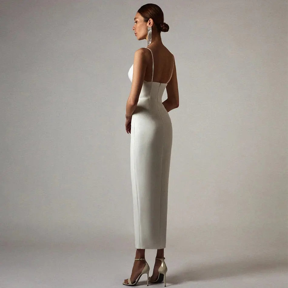 Summer Women White Bodycon Bandage Long Dresses Sexy V Neck Spaghetti Strap Evening nowadaysfashion