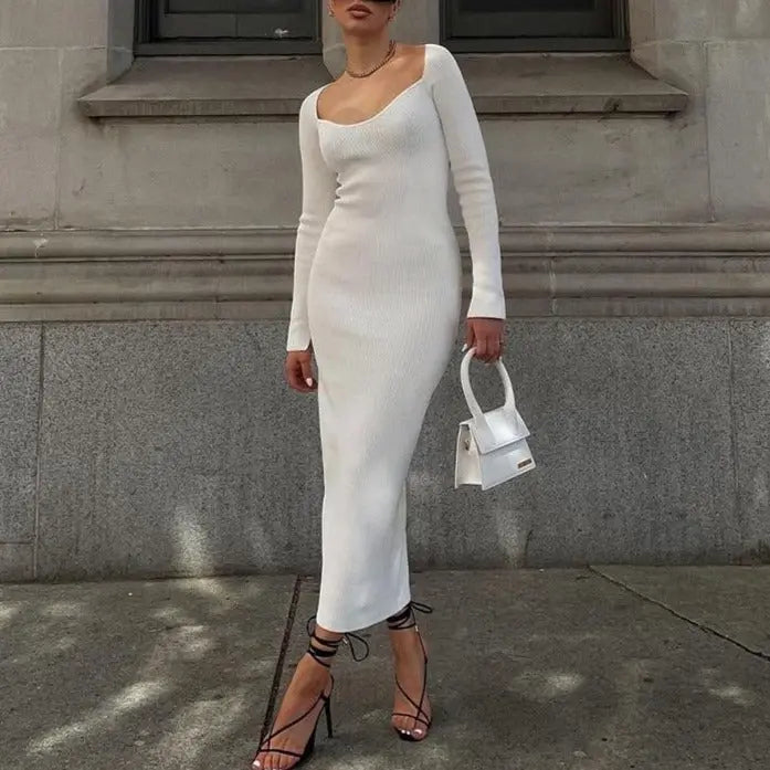 2022 Knitted Green Midi Sexy Bodycon Women Dress Spring Long Sleeve Off Shoulder Split Sweater Dresses nowadaysfashion