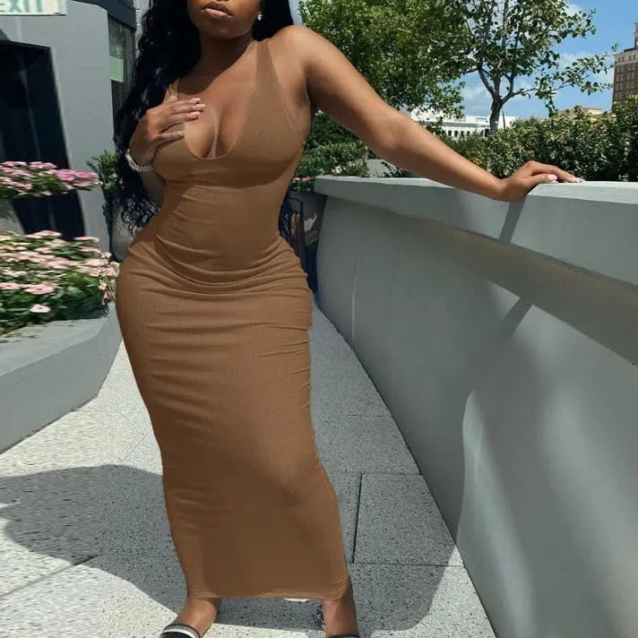 Ribbed Knitted Stripe Women Pure Sleeveless Midi Dress V Neck Bodycon Elegant 2022 Summer nowadaysfashion
