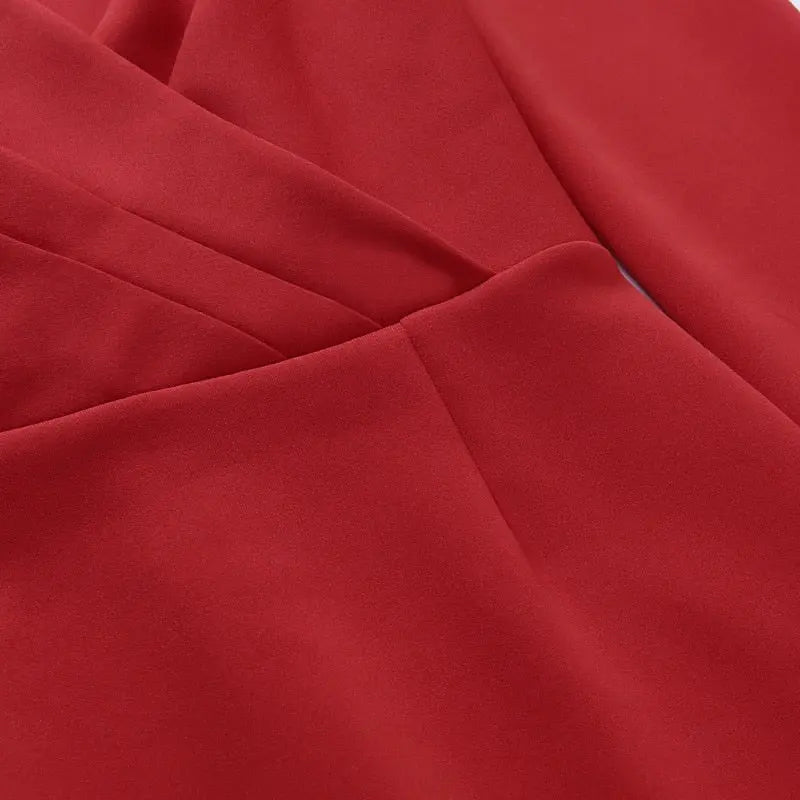 Slim V Neck Long Sleeve Mid Calf Pencil Dress 2022 Casual Office Lady Solid Red Puff Sleeve nowadaysfashion
