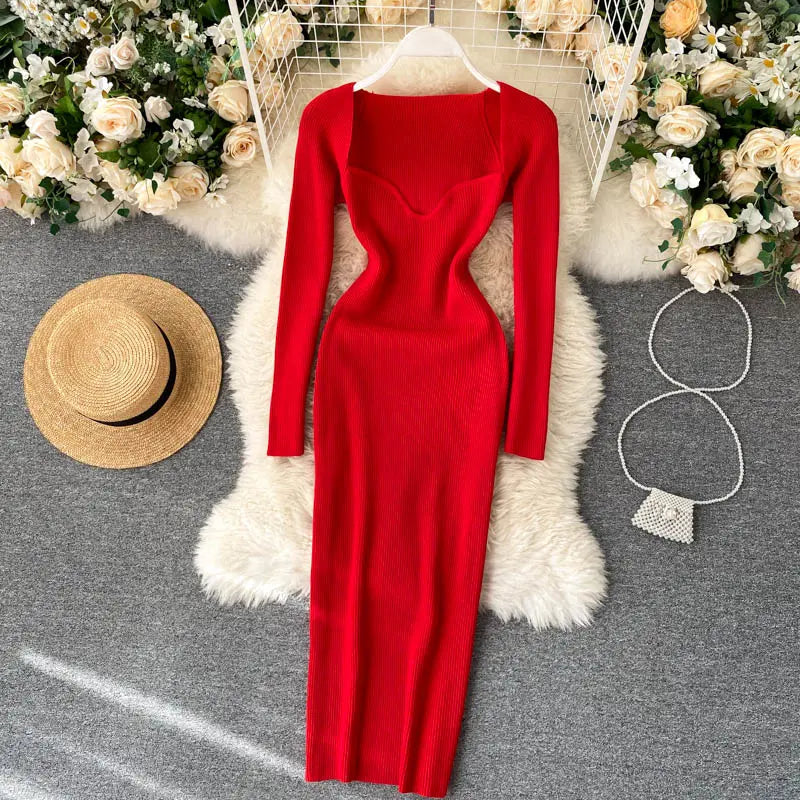 Strapless Ribbed Knitted Bodycon Dress Women Winter Long Sleeve Midi Sweater Dress nowadaysfashion