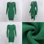 2022 Knitted Green Midi Sexy Bodycon Women Dress Spring Long Sleeve Off Shoulder Split Sweater Dresses nowadaysfashion