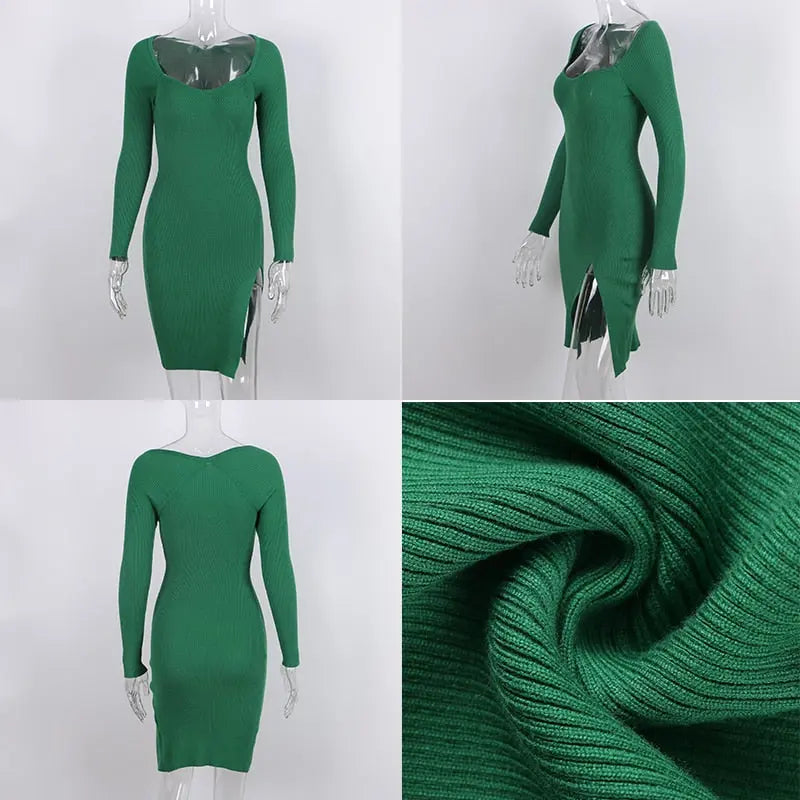 2022 Knitted Green Midi Sexy Bodycon Women Dress Spring Long Sleeve Off Shoulder Split Sweater Dresses nowadaysfashion