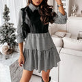 Long Sleeve Mini Shirt Dress For Women White 2022 Spring PU Leather Patchwork Plaid Dresses nowadaysfashion