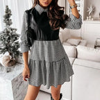 Long Sleeve Mini Shirt Dress For Women White 2022 Spring PU Leather Patchwork Plaid Dresses nowadaysfashion