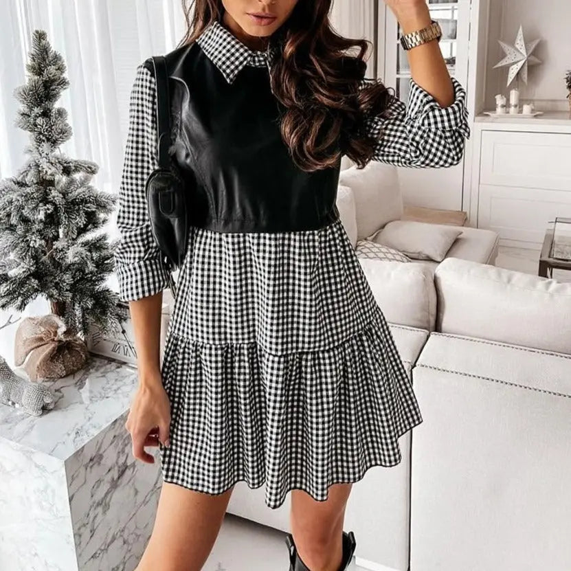 Long Sleeve Mini Shirt Dress For Women White 2022 Spring PU Leather Patchwork Plaid Dresses nowadaysfashion