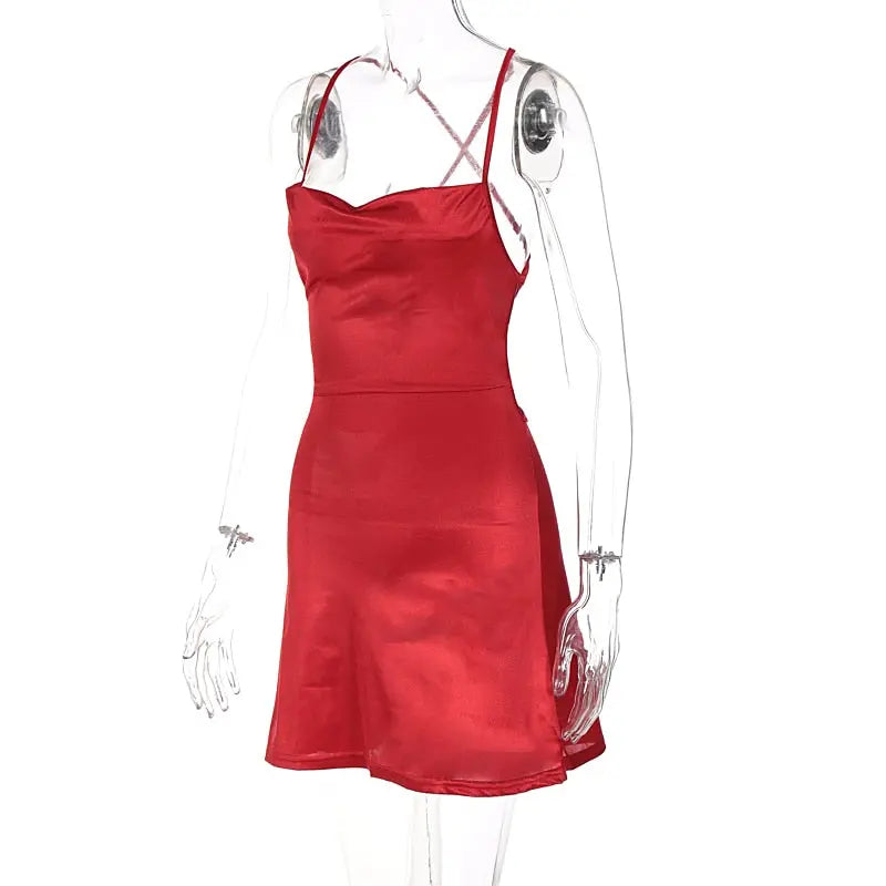Women Satin Strap Mini Dress Lace Up Bandage Bodycon Backless Sexy Streetwear nowadaysfashion