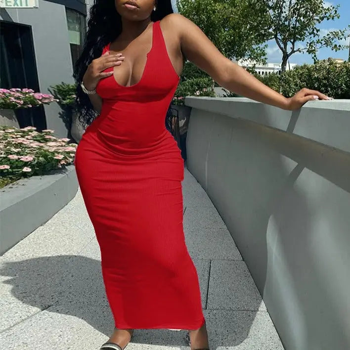 Ribbed Knitted Stripe Women Pure Sleeveless Midi Dress V Neck Bodycon Elegant 2022 Summer nowadaysfashion
