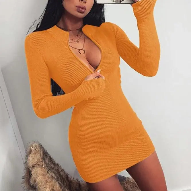 Bodycon Ribbed Dress Stand Collar Zipper Deep V-neck Solid Stretch Mini Vestido nowadaysfashion