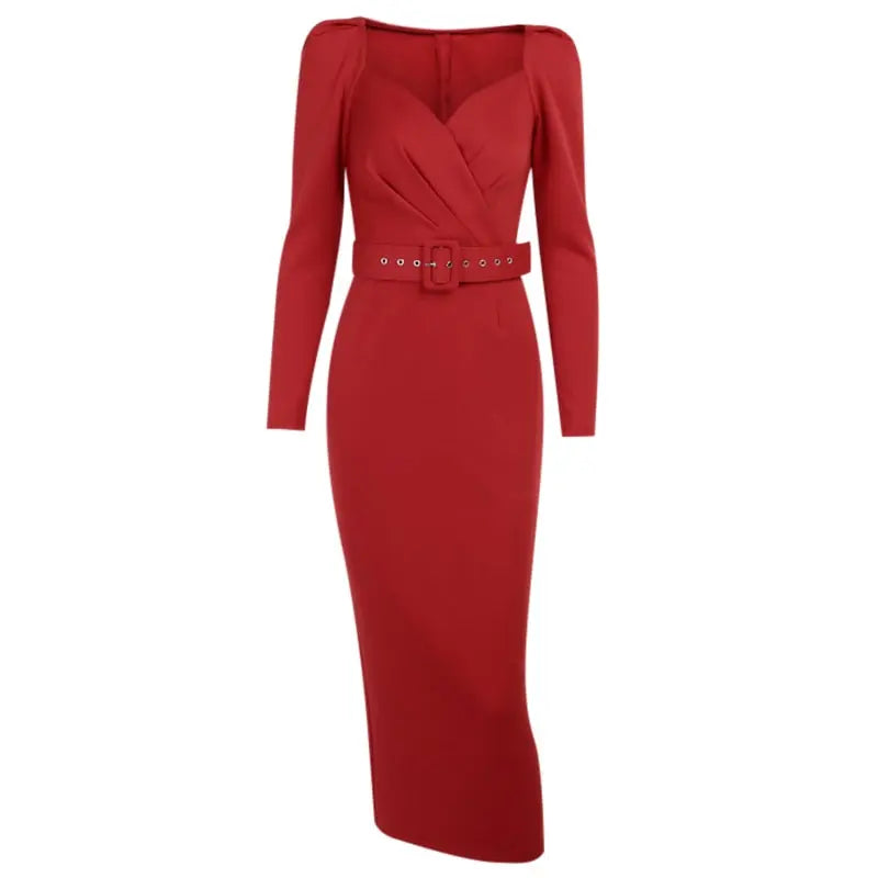 Slim V Neck Long Sleeve Mid Calf Pencil Dress 2022 Casual Office Lady Solid Red Puff Sleeve nowadaysfashion