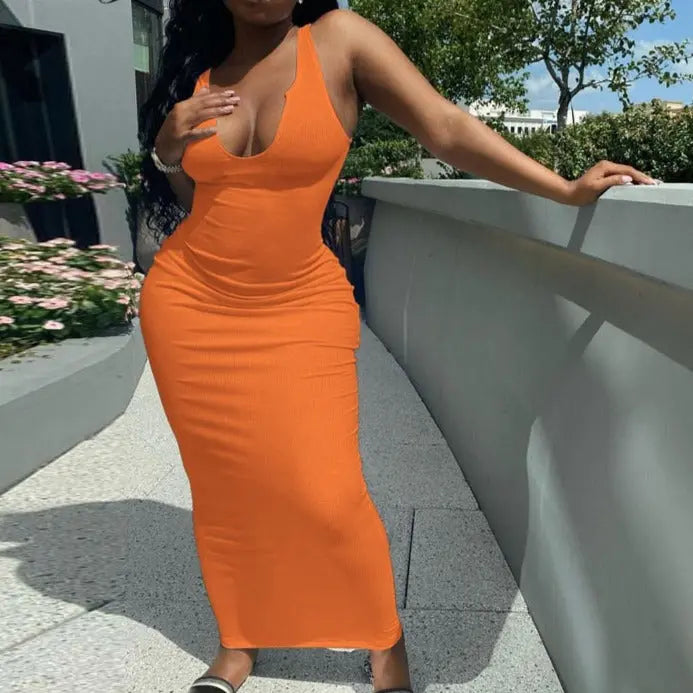 Ribbed Knitted Stripe Women Pure Sleeveless Midi Dress V Neck Bodycon Elegant 2022 Summer nowadaysfashion
