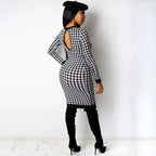 Houndstooth Print Women Long Sleeve Midi Dress Hollow Out Bodycon Streetwear nowadaysfashion