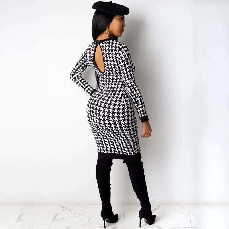 Houndstooth Print Women Long Sleeve Midi Dress Hollow Out Bodycon Streetwear nowadaysfashion