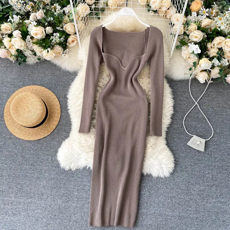 Strapless Ribbed Knitted Bodycon Dress Women Winter Long Sleeve Midi Sweater Dress nowadaysfashion