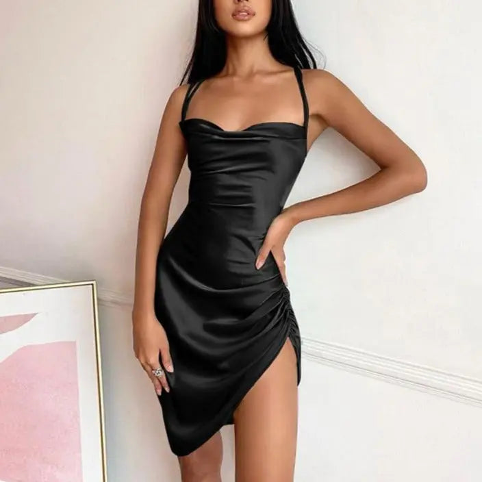 Satin Women Strap Mini Dress Ruched Lace Up Cross Bandage Backless Bodycon Sexy Party Elegant nowadaysfashion