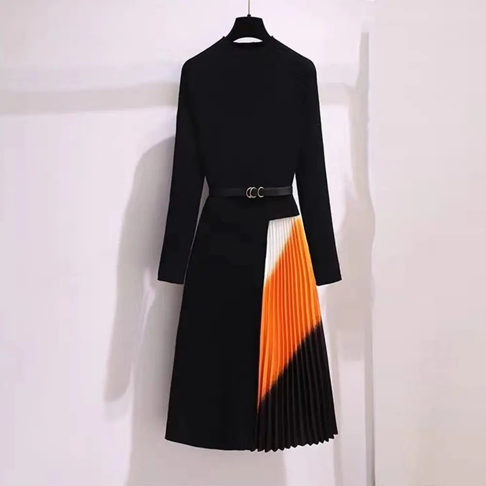 Knitted Patchwork Gradient Print Pleated Dress Long Sleeve Office One-Piece Sweater Dress With Belt nowadaysfashion