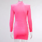 Velvet Women High Neck Long Sleeve Mini Dress Ruched Hollow Out Shoulder Pad Bodycon nowadaysfashion
