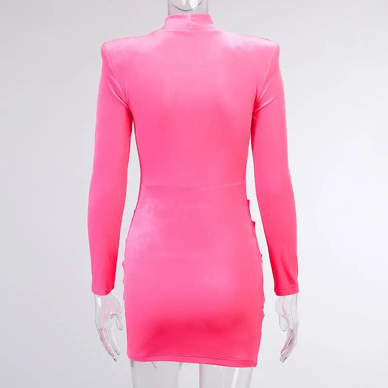 Velvet Women High Neck Long Sleeve Mini Dress Ruched Hollow Out Shoulder Pad Bodycon nowadaysfashion