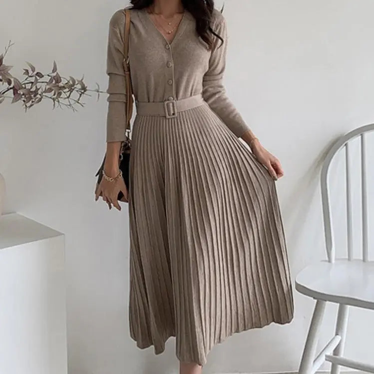 V-neck Single-breasted Women Thicken Sweater Dress Knitted Belted Female A-line soft dresses nowadaysfashion