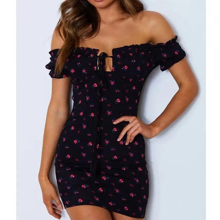 Women Floral Wrap Dress Off Shoulder Tie Up Front Ruffle Mini Dress Summer Office Lady Slash Neck Printed Pencil Dress nowadaysfashion