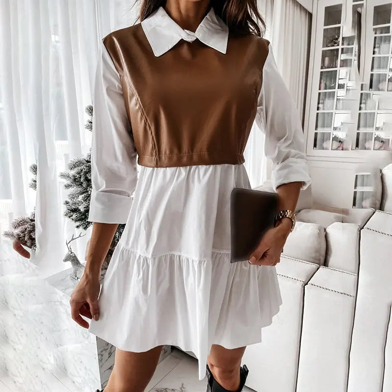 Long Sleeve Mini Shirt Dress For Women White 2022 Spring PU Leather Patchwork Plaid Dresses nowadaysfashion